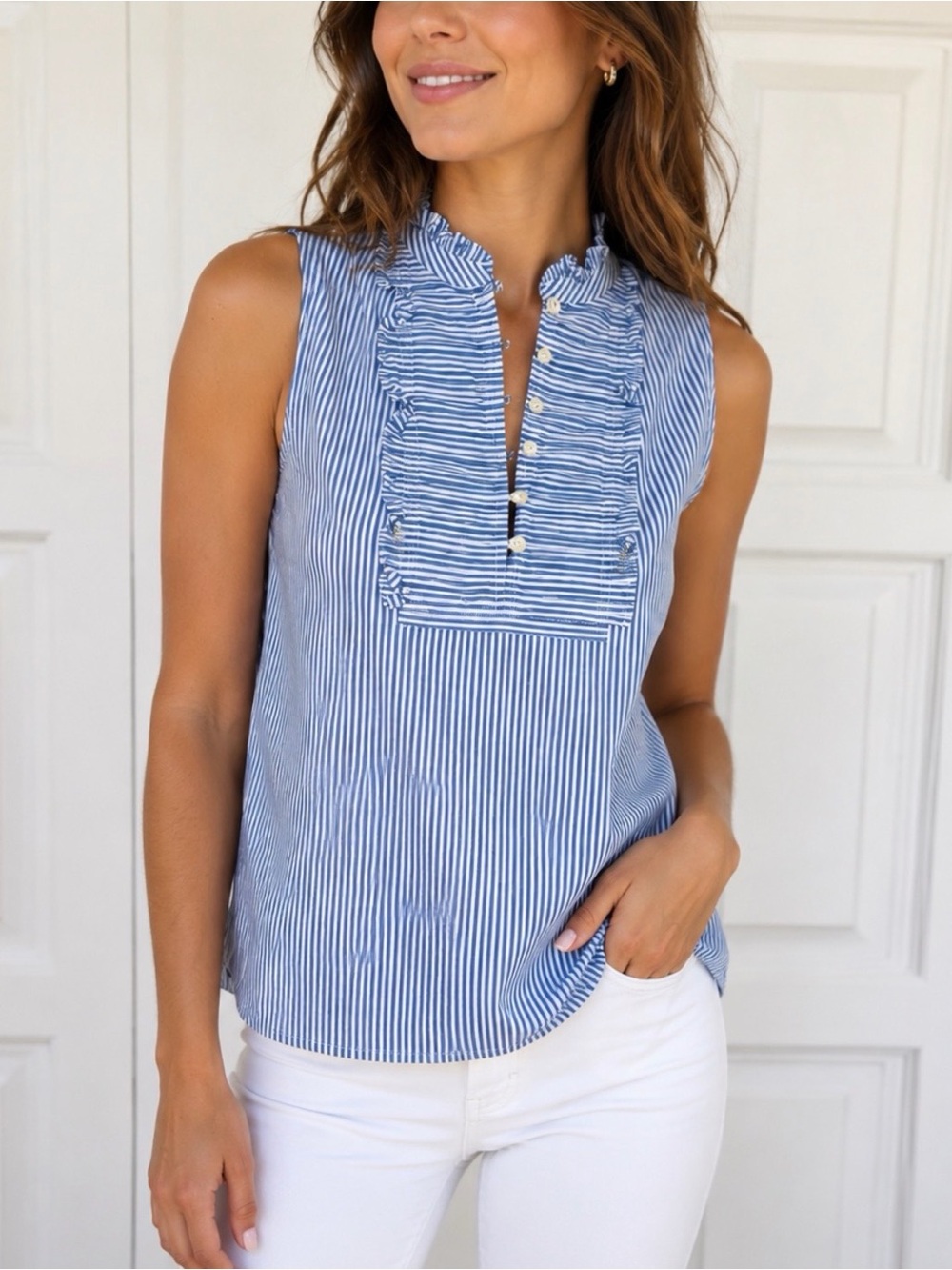 New J.Crew Blue and White Striped Ruffle Bib Sleeveless Top